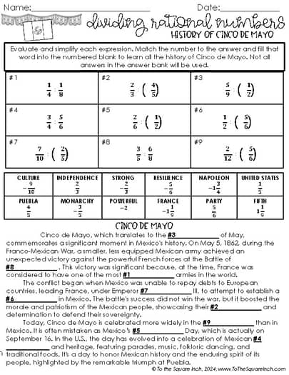 May Holiday Math Worksheets - 7th Grade Mother Day, Cinco de Mayo, Memorial Day