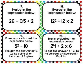 Order of Operations with Exponents Task Cards