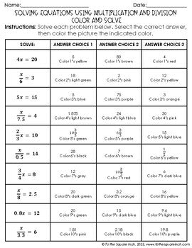 Solving Equations using Multiplication and Division Color & Solve Activity