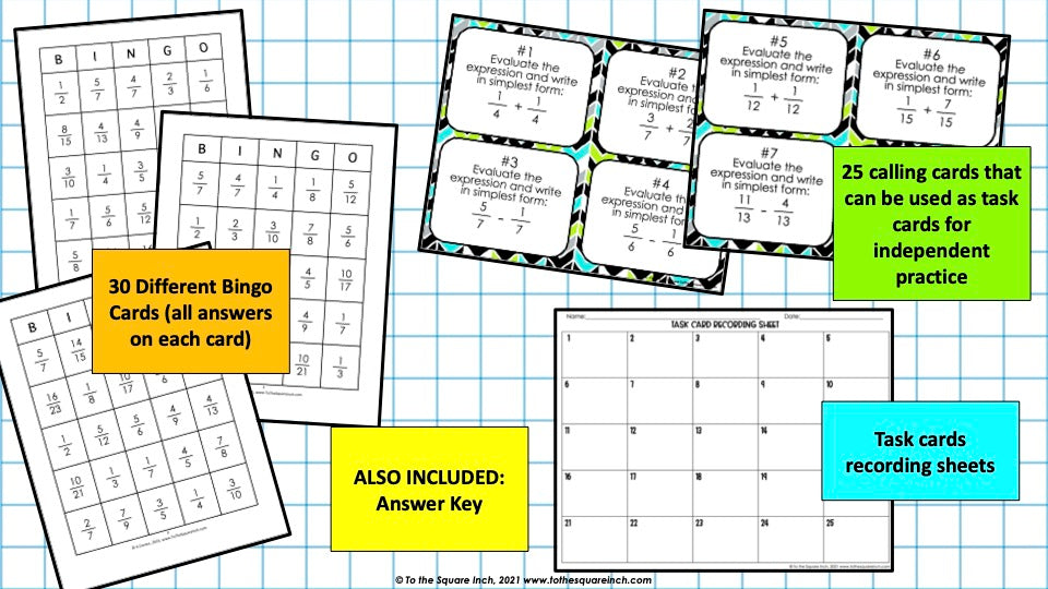 Adding And Subtracting Fractions Bingo Game – To The Square Inch